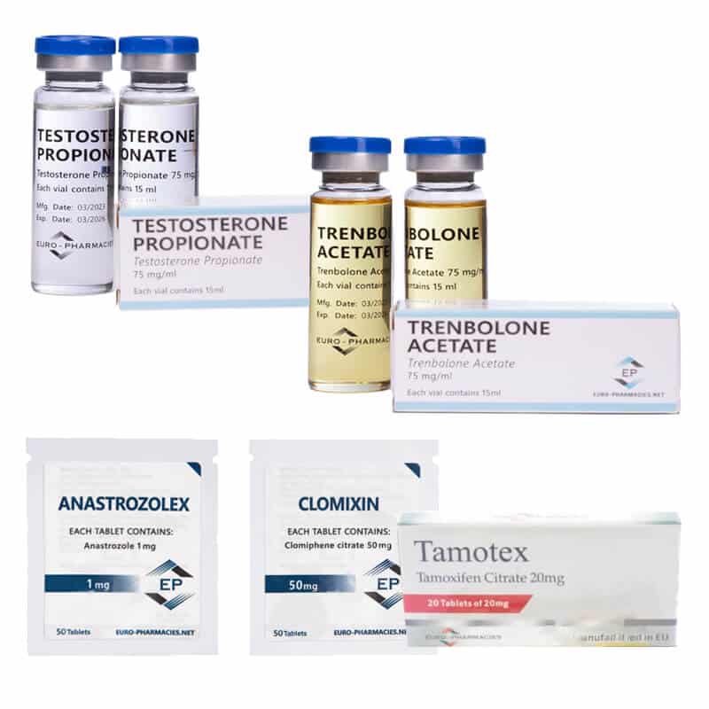 Pakket voor droge spiermassaopbouw: testosteronpropionaat + trebolonacetaat + PCT (6 weken) Euro Pharmacies