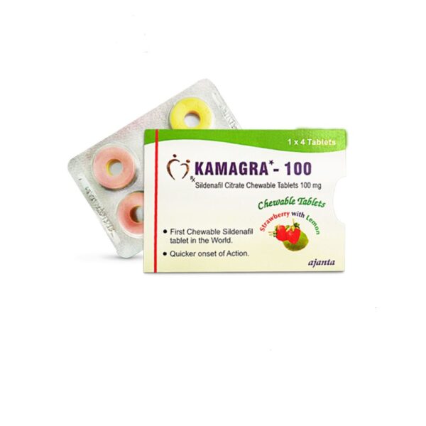 Kamagra 100 tabletten met aardbei- en citroensmaak, sildenafilcitraat, 1x4 tabletten, verkrijgbaar bij de apotheek in de EU.