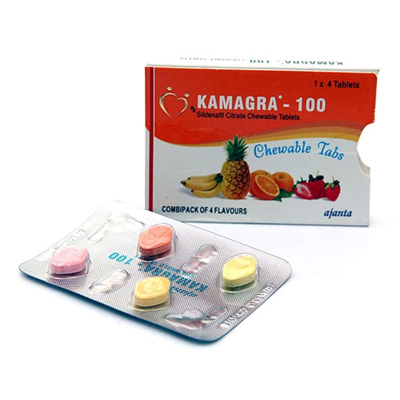 Kamagra 100 kauwtabletten in vier smaken, sildenafilcitraat CT 1×4, verkrijgbaar bij de apotheek in de EU.