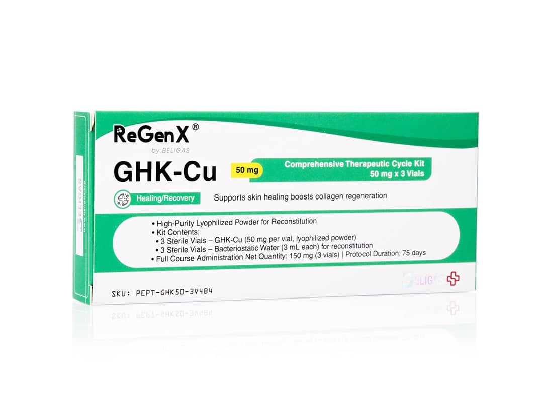 ReGenX GHK-Cu 50 mg/ml, 3 (50 mg) ampullen + 3 (3 ml) waterbakjes - Beligas (internationaal)